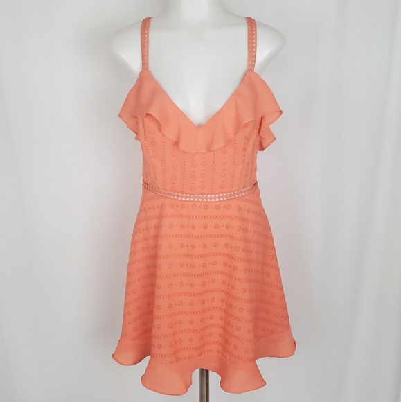bebe Ruffle Eyelet Lace Crisscross Back Mini Dress - Picture 4 of 8